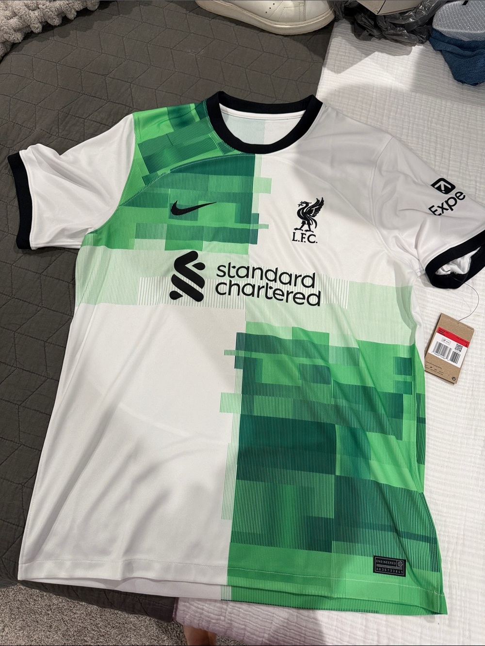 Nike White and Green Pixel-Graphic Liverpool FC Jersey